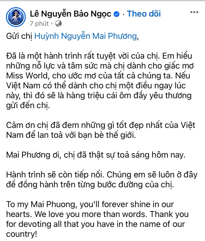 Hoa hậu Lê Nguyễn Bảo Ngọc cũng nhanh chóng chia sẻ trạng thái động viên Mai Phương.