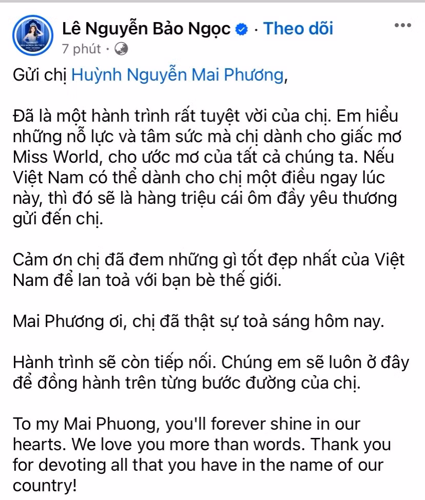 Hoa hậu Lê Nguyễn Bảo Ngọc cũng nhanh chóng chia sẻ trạng thái động viên Mai Phương. Hoa hậu Lê Nguyễn Bảo Ngọc cũng nhanh chóng chia sẻ trạng thái động viên Mai Phương.