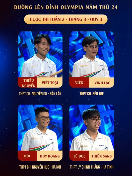 Bốn thí sinh tại cuộc thi Tuần 2 - Tháng 3 - Quý 3. Nguồn: Fanpage Đường Lên Đỉnh Olympia Bốn thí sinh tại cuộc thi Tuần 2 - Tháng 3 - Quý 3. Nguồn: Fanpage Đường Lên Đỉnh Olympia