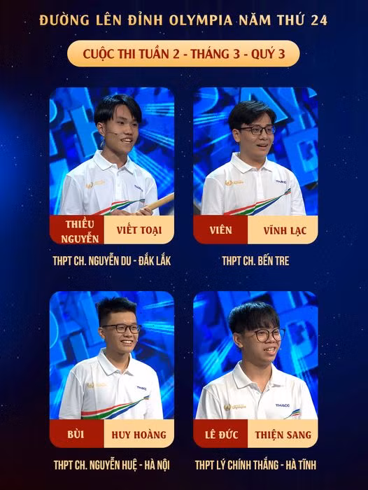 Bốn thí sinh tại cuộc thi Tuần 2 - Tháng 3 - Quý 3. Nguồn: Fanpage Đường Lên Đỉnh Olympia
