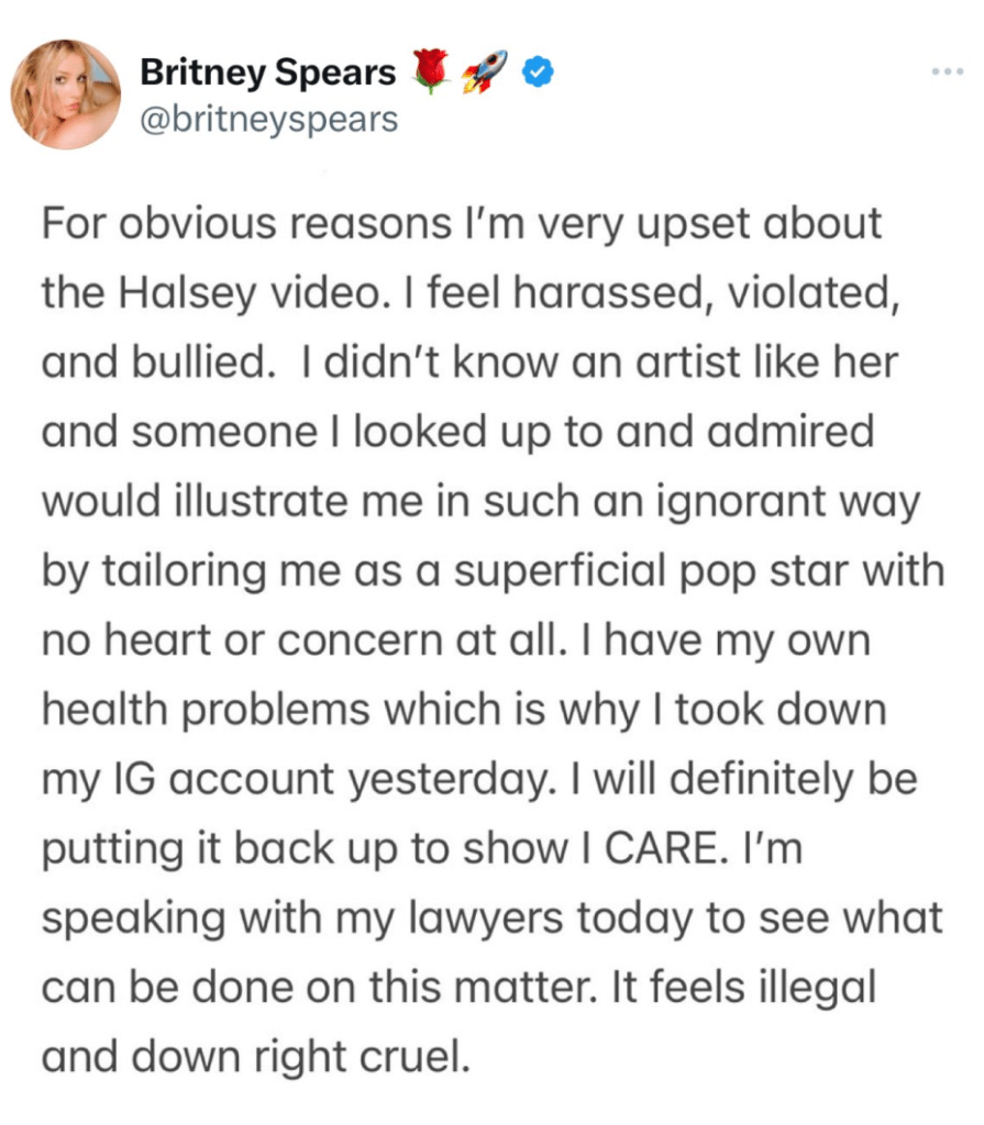 Toàn bộ bài đăng của Britney Spears nói về MV mới của Halsey.