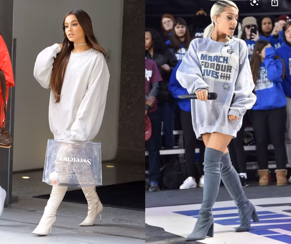 Ariana chọn những bộ oversize kết hợp bốt cao để "ăn gian" chiều cao.