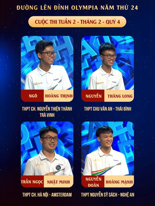 Bốn thí sinh hứa hẹn tạo nên một cuộc chiến ngang tài ngang sức. Nguồn: Fanpage Đường Lên Đỉnh Olympia Bốn thí sinh hứa hẹn tạo nên một cuộc chiến ngang tài ngang sức. Nguồn: Fanpage Đường Lên Đỉnh Olympia
