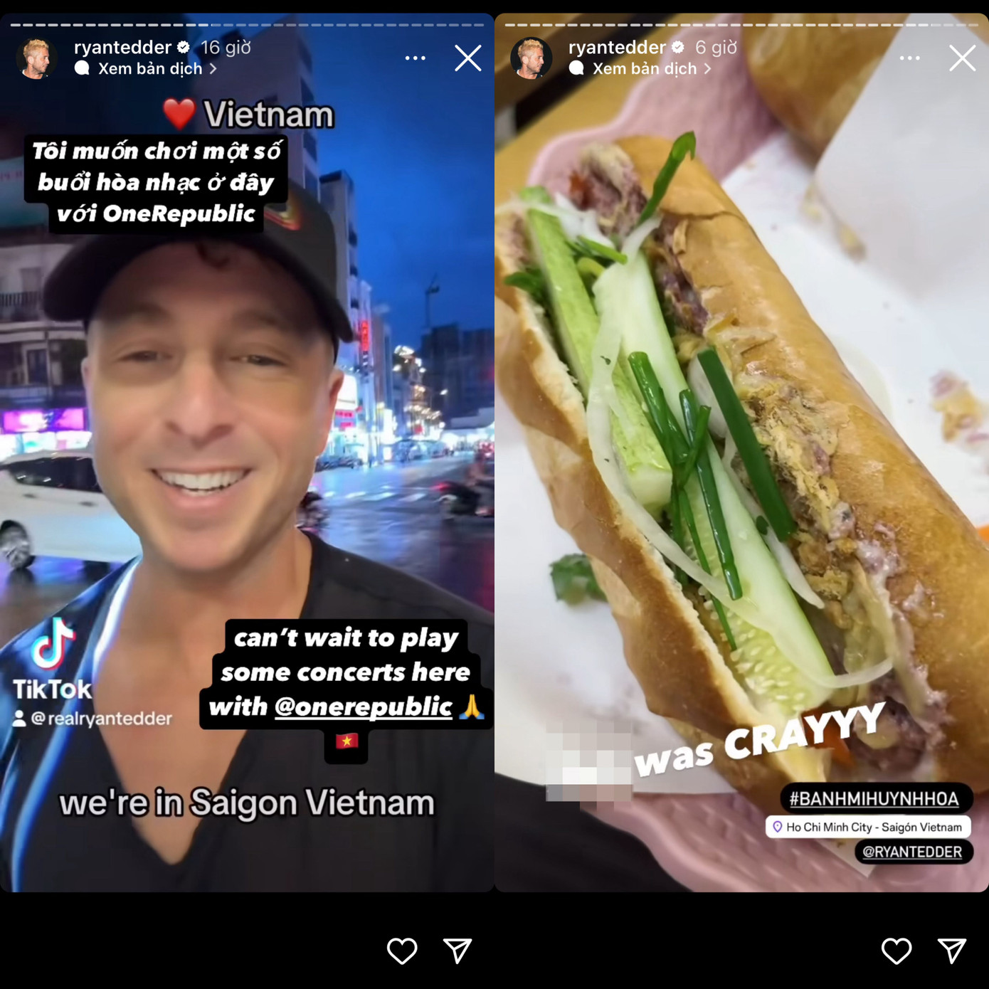 Ryan Tedder khoe hình ăn bánh mì tại Việt Nam trên Instagram cá nhân.