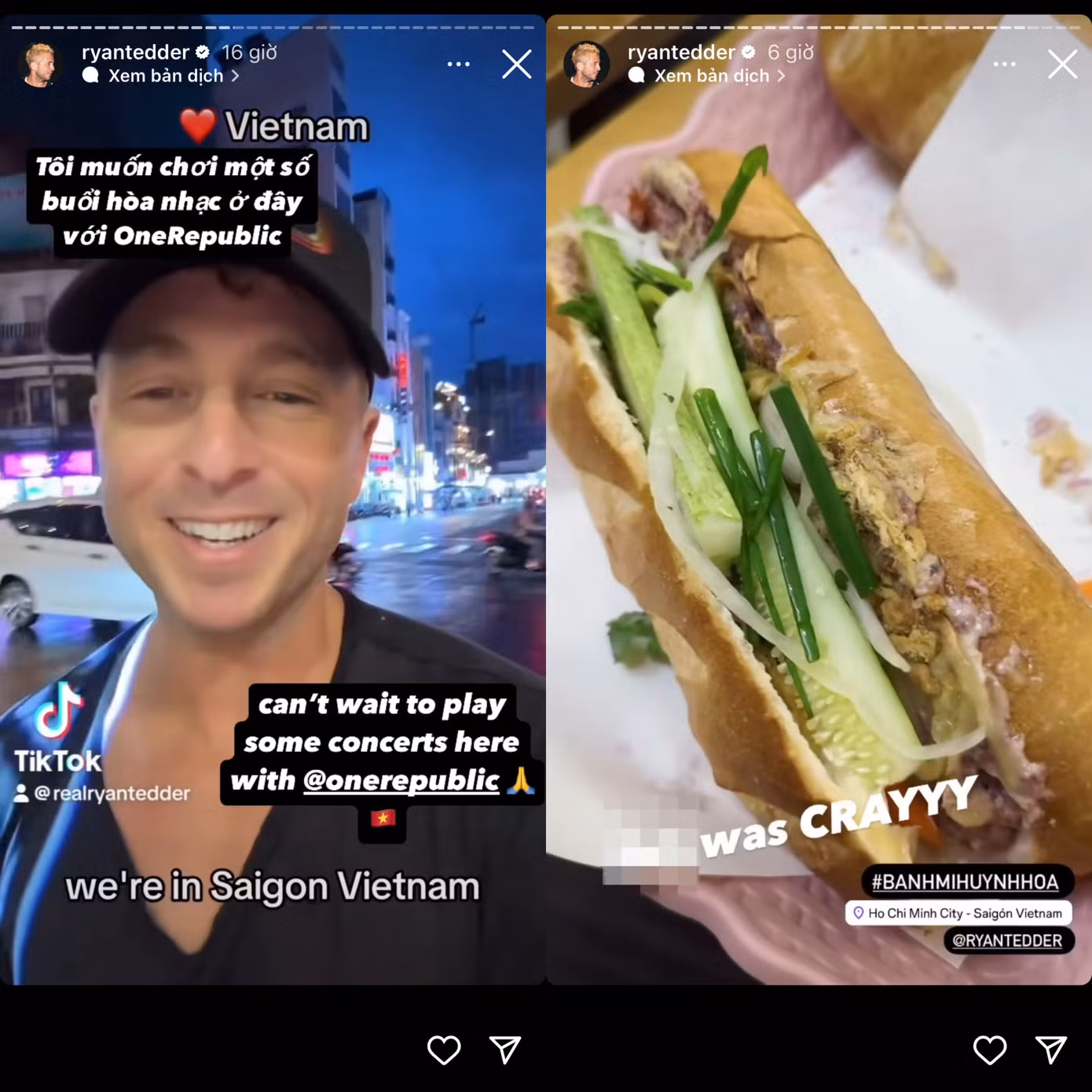 Ryan Tedder khoe hình ăn bánh mì tại Việt Nam trên Instagram cá nhân. Ryan Tedder khoe hình ăn bánh mì tại Việt Nam trên Instagram cá nhân.
