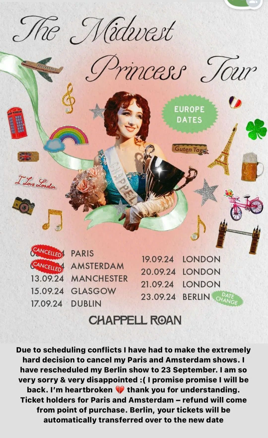 Thông báo hủy show của Chappell Roan do xung đột lịch trình.