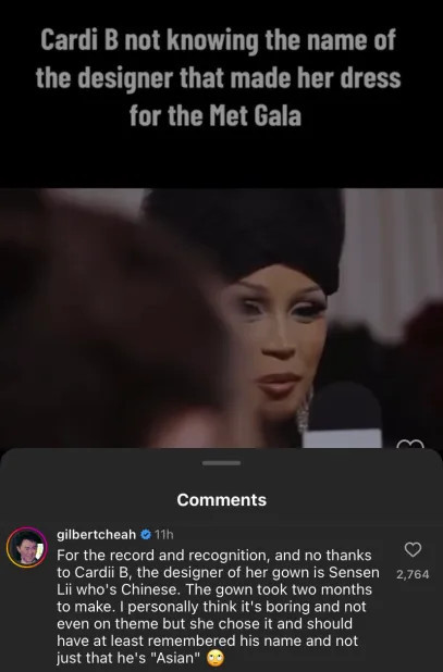 Bình luận của Gilbert Cheah về việc quên tên nhà thiết kế của Cardi B. Bình luận của Gilbert Cheah về việc quên tên nhà thiết kế của Cardi B.