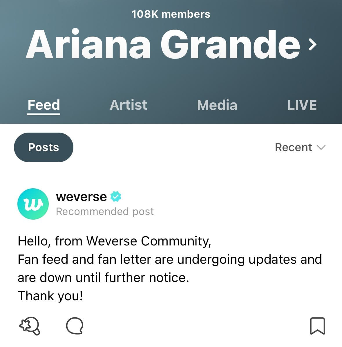 Thông báo chính thức của Weverse đối với người hâm mộ Ariana Grande. Thông báo chính thức của Weverse đối với người hâm mộ Ariana Grande.