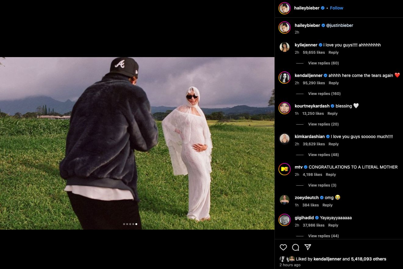 Bài đăng thông báo tin vui của Hailey Bieber trên Instagram. Bài đăng thông báo tin vui của Hailey Bieber trên Instagram.