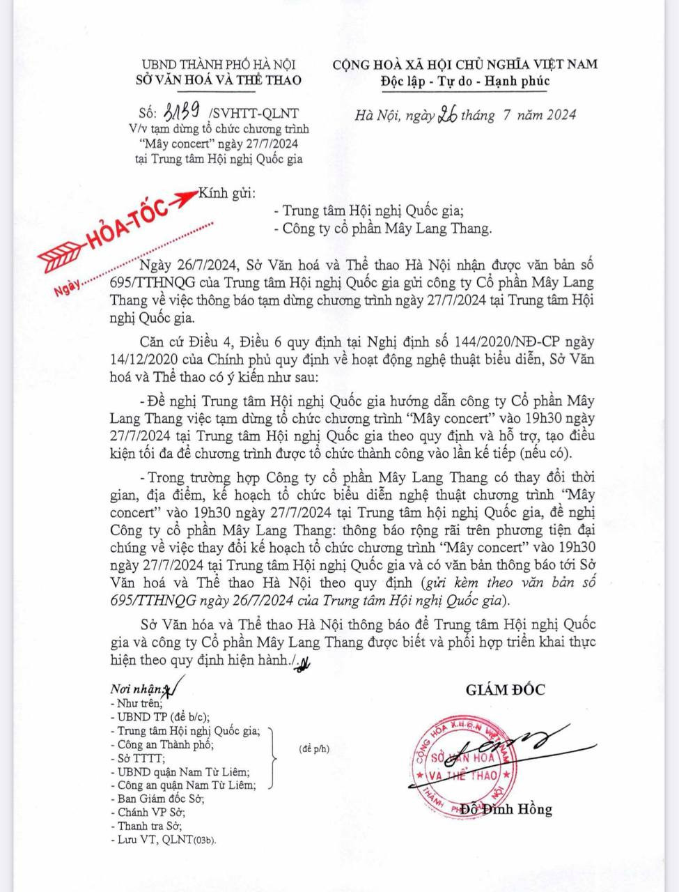 Công văn hỏa tốc của Sở Văn hóa và Thể thao Hà Nội được gửi đi từ ngày 26/7.