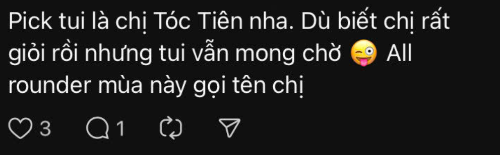 Fan "pick" Tóc Tiên sẽ trở thành một trong những cái tên thành đoàn của Chị Đẹp 2024. Fan "pick" Tóc Tiên sẽ trở thành một trong những cái tên thành đoàn của Chị Đẹp 2024.