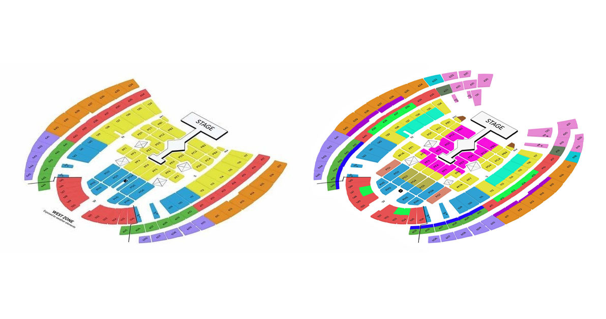 Seat map của The Eras Tour trước và sau khi mở bán thêm vé. Seat map của The Eras Tour trước và sau khi mở bán thêm vé.