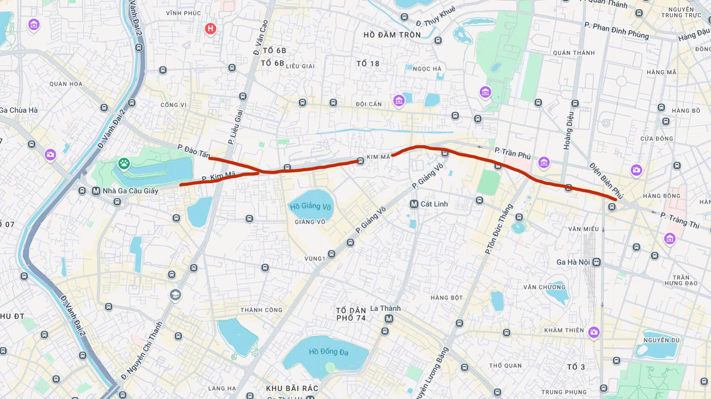 Vị trí tuyến đường Đào Tấn - Kim Mã - Nguyễn Thái Học. Ảnh: Google maps