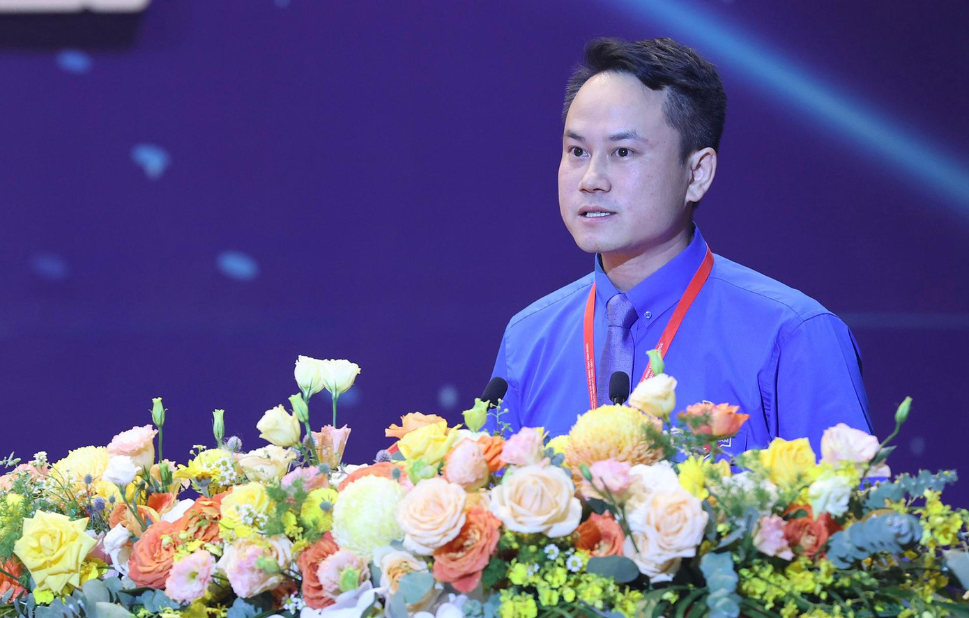 Anh Nguyễn Kim Quy - Ủy viên Ban Thường vụ T.Ư Đoàn, Bí thư Tỉnh Đoàn Vĩnh Phúc khóa XVI phát biểu khai mạc phiên trọng thể Đại hội đại biểu Đoàn TNCS Hồ Chí Minh tỉnh Vĩnh Phúc lần thứ XVII nhiệm kỳ 2022 - 2027.