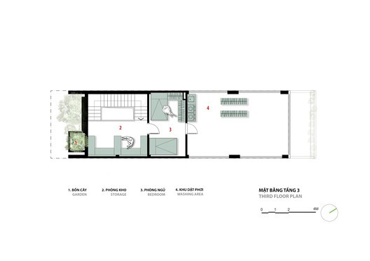 Các không gian sinh hoạt của gia chủ được đẩy lùi về phía sau để tăng cường sự riêng tư và mát mẻ.