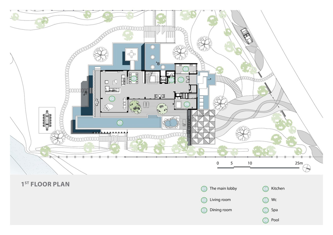 Biệt thự có các khu chức năng chính gồm: Phòng sinh hoạt chung, bar, khu giải trí, phòng chiếu phim, sảnh chính, phòng khách, bếp, phòng ngủ kết hợp sân vườn.