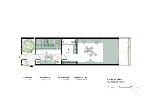 Các không gian sinh hoạt của gia chủ được đẩy lùi về phía sau để tăng cường sự riêng tư và mát mẻ.