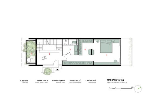 Các không gian sinh hoạt của gia chủ được đẩy lùi về phía sau để tăng cường sự riêng tư và mát mẻ.