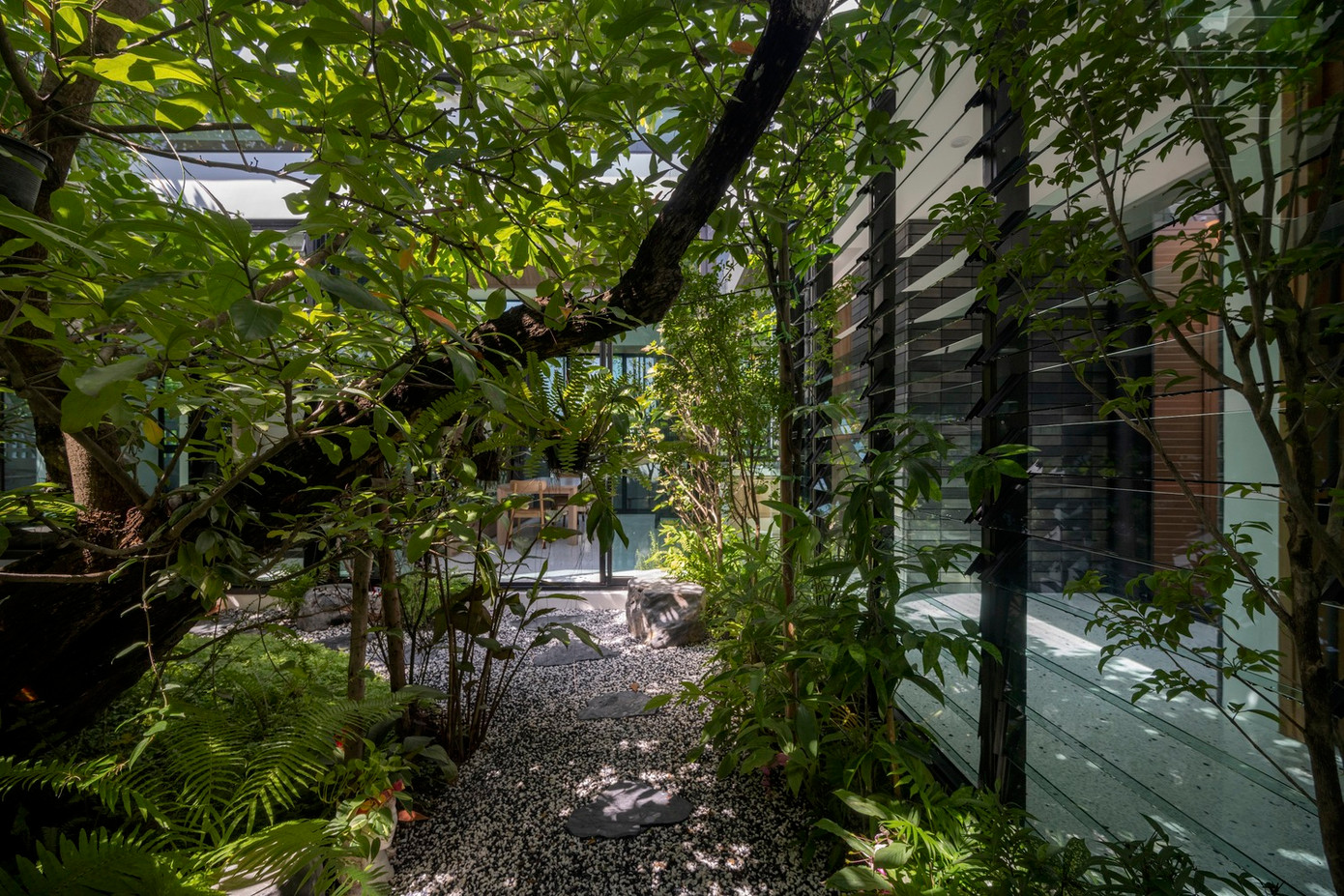 Các sân của ngôi nhà được bố trí nối với các không gian sử dụng. Điều này tạo ra không gian xanh riêng tư cho 3 phòng ngủ và bếp, giúp ngôi nhà luôn thoáng mát và có thể đón nắng cả ngày.