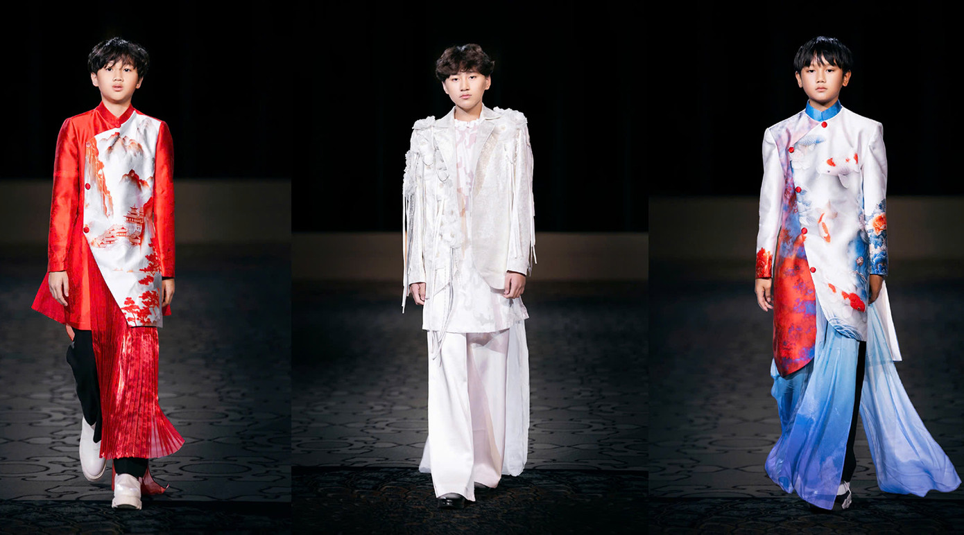 Siêu mẫu Xuân Lan đã giới thiệu dàn người mẫu Việt triển vọng với khán giả quốc tế. Từ trái sang: Bảo Phương (7 tuổi), Trọng Phương (13 tuổi) và Toàn Phương (7 tuổi).