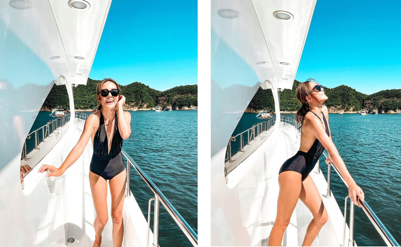 Alina Lý rạng rỡ &quot;thả dáng&quot; trên du thuyền. Người đẹp 30 tuổi được biết đến là vũ công, MC kiêm diễn viên có tiếng ở xứ Cảng Thơm.