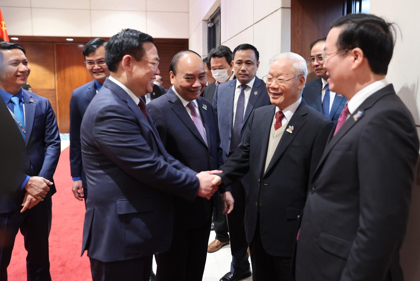 Tổng Bí thư Nguyễn Phú Trọng, Chủ tịch nước Nguyễn Xuân Phúc, Chủ tịch Quốc hội Vương Đình Huệ, Thường trực Ban Bí thư T.Ư Đảng Võ Văn Thưởng dự đại hội