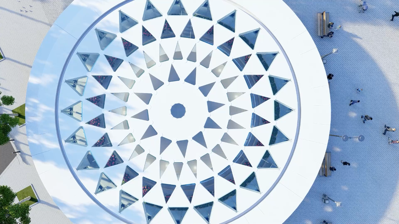 Giếng trời được thiết kế với phối cảnh nhìn từ trên xuống có hình hoa sen, được đan xen bởi 2 vật liệu chính là kính và tấm nhôm tổ ong. Phần lớn các vật liệu nhập khẩu trực tiếp từ Nhật Bản có khả năng chống chịu thời tiết tốt cũng như cách nhiệt vượt trội. (Ảnh chụp từ video do MAUR cung cấp).