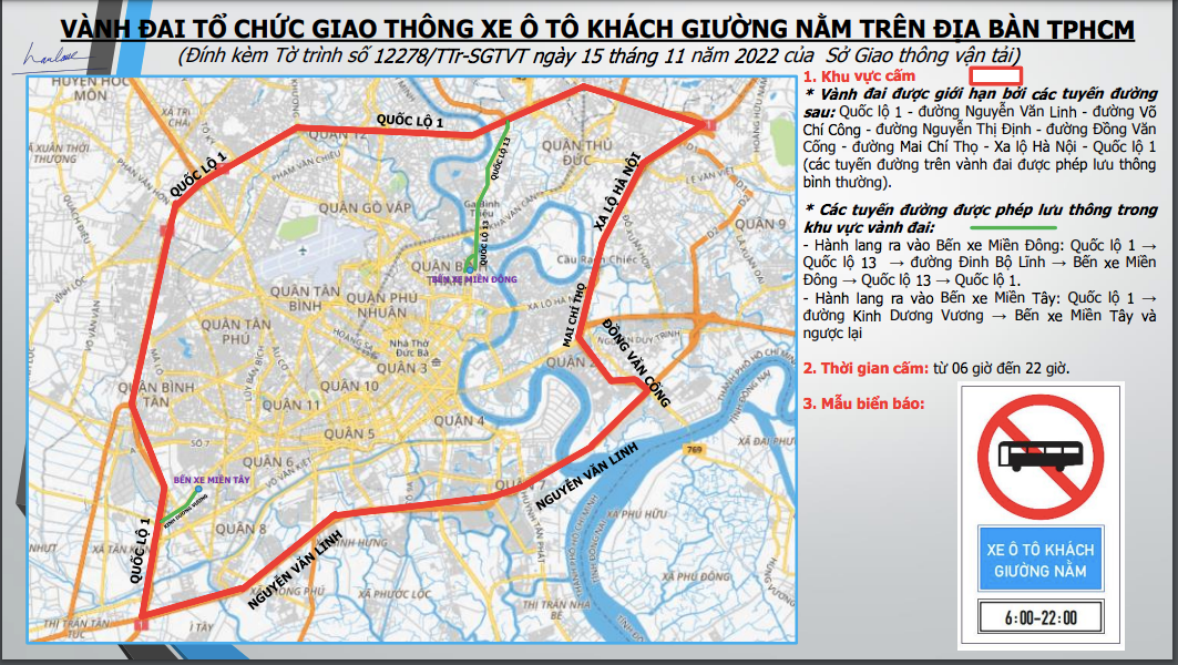 Vành đai tổ chức xe ô tô khách giường nằm trên địa bàn TPHCM. Nguồn: Sở GTVT TPHCM