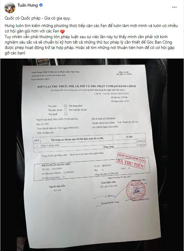 Nguyên văn chia sẻ của Tuấn Hưng trên fanpage. Ảnh: FBNV Nguyên văn chia sẻ của Tuấn Hưng trên fanpage. Ảnh: FBNV