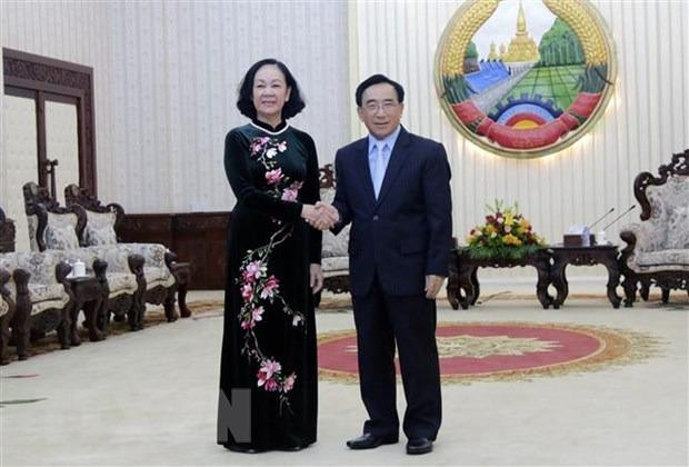 Chủ tịch Quốc hội Lào Xaysomphone Phomvihane tiếp Trưởng Ban Tổ chức Trung ương Trương Thị Mai. (Ảnh: Phạm Kiên/TTXVN)