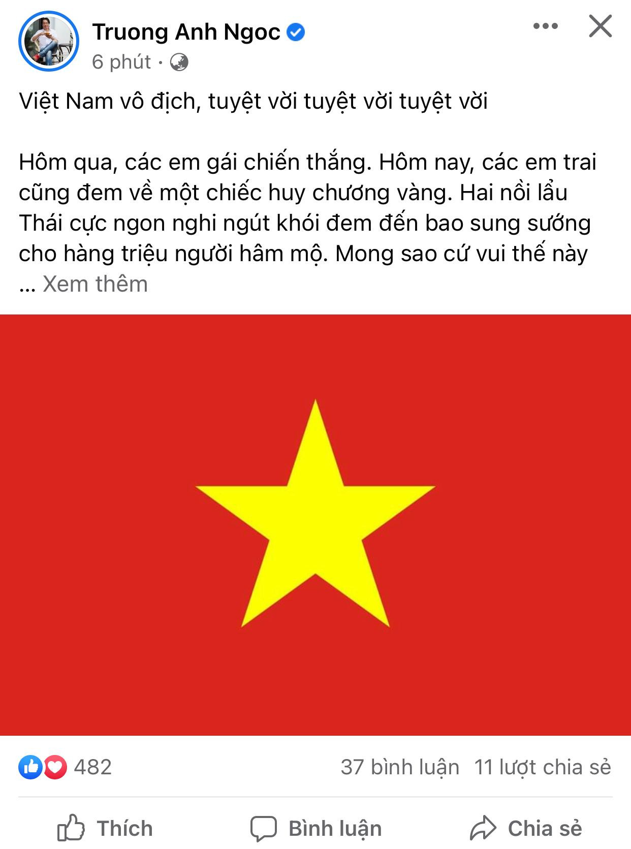 BLV Trương Anh Ngọc phấn khởi: &quot;Việt Nam vô địch, tuyệt vời tuyệt vời tuyệt vời&quot;.
