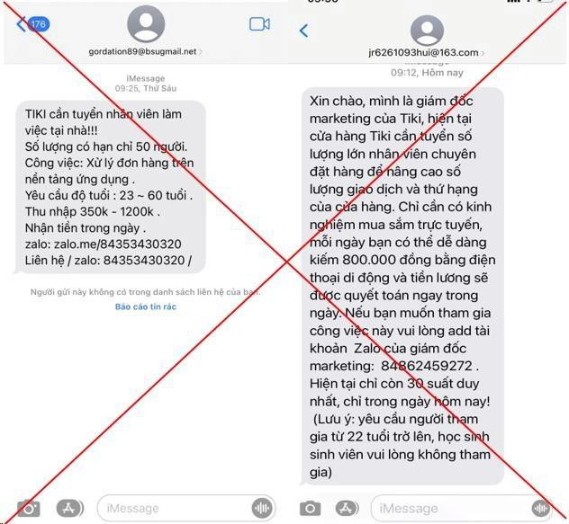 Tình trạng lừa đảo tuyển cộng tác viên của sàn TMĐT đang nở rộ trong thời gian gần đây. Ảnh: VNCERT/CC.