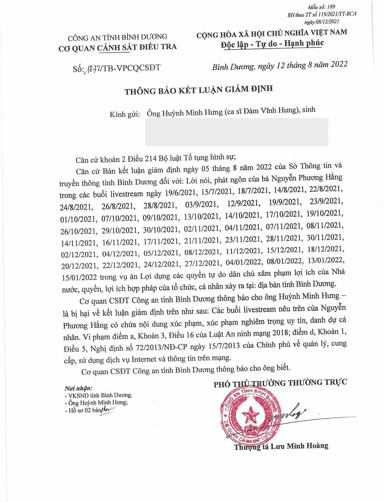 Ba thông báo ca sĩ Đàm Vĩnh Hưng nhận được từ Cơ quan CSĐT Công an tỉnh Bình Dương. Ảnh: FBNV
