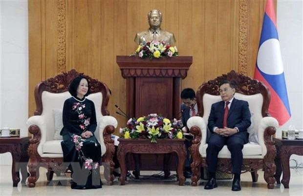 Chủ tịch Quốc hội Lào Xaysomphone Phomvihane tiếp Trưởng Ban Tổ chức Trung ương Trương Thị Mai. (Ảnh: Phạm Kiên/TTXVN)