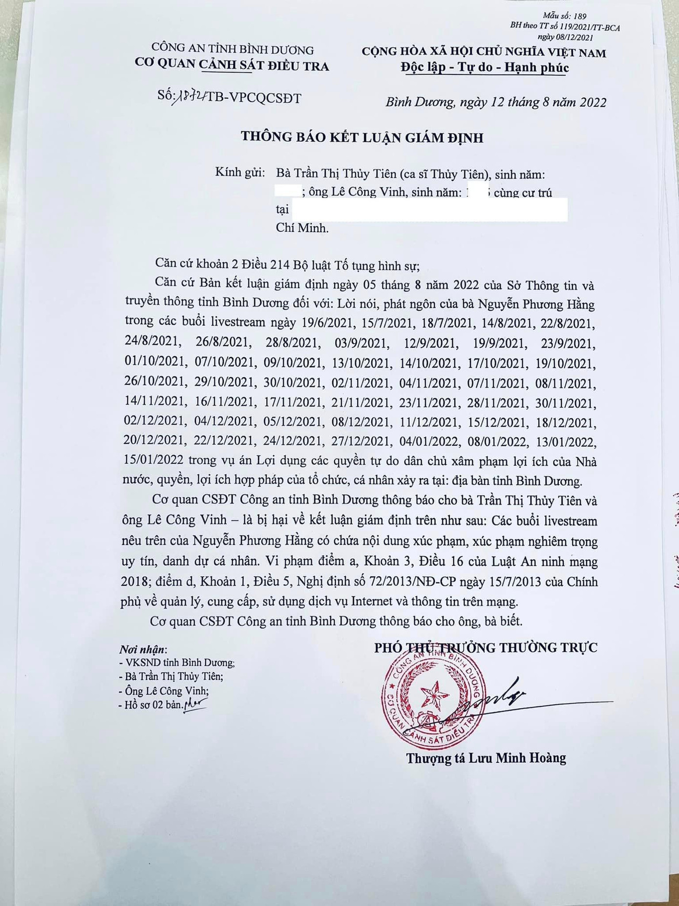 Thông báo vợ chồng Công Vinh - Thủy Tiên nhận được từ Cơ quan CSĐT Công an tỉnh Bình Dương. Ảnh: FBNV