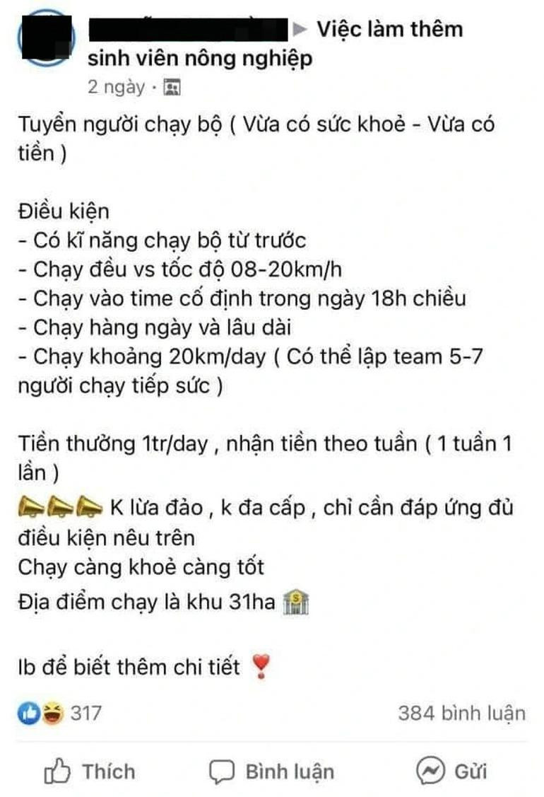 Tuyển người chạy bộ thu nhập 1 triệu đồng/ngày (Ảnh: Thế Hưng).