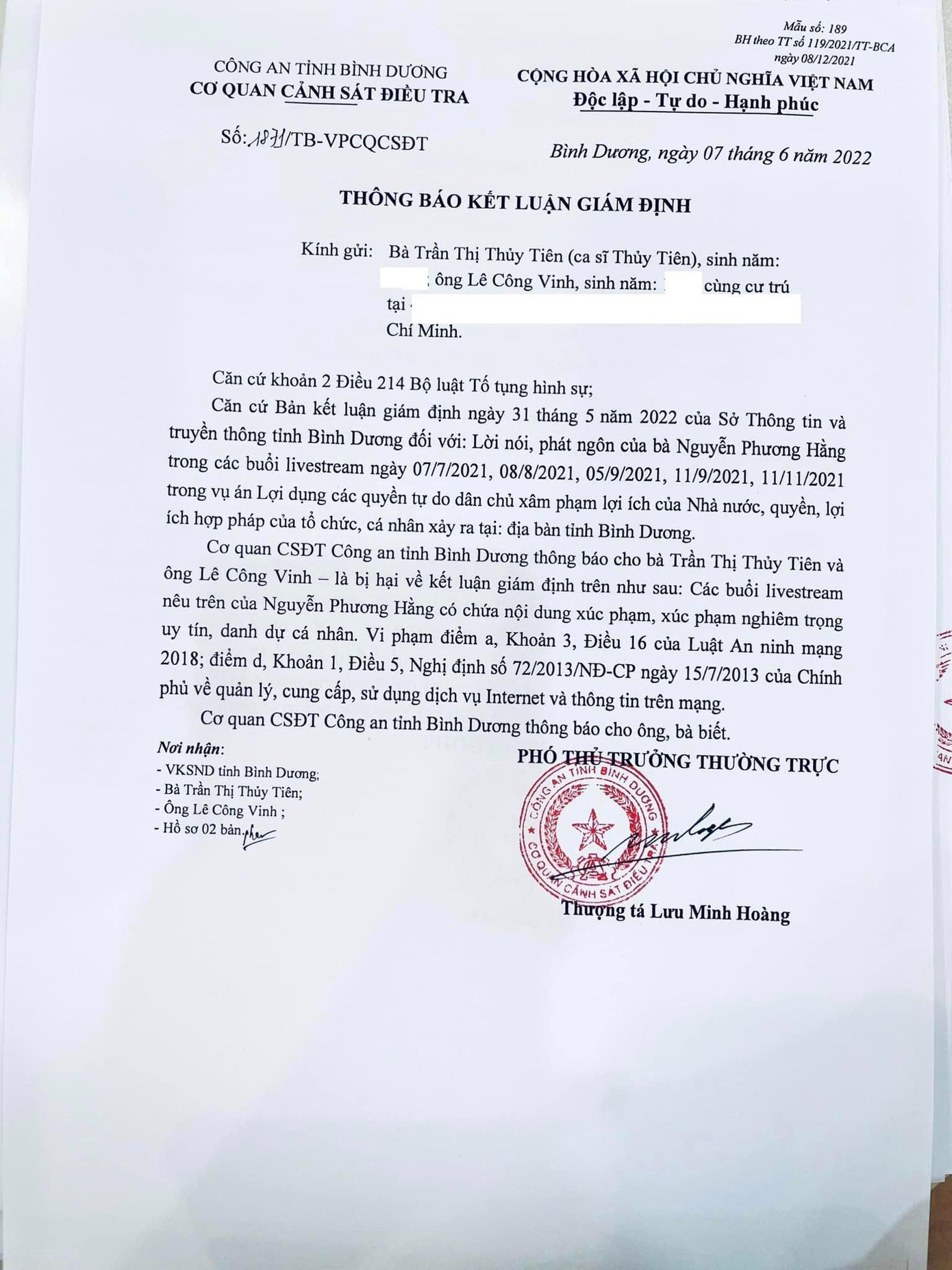 Cơ quan CSĐT Công an tỉnh Bình Dương thông báo Công Vinh và Thủy Tiên là bị hại. Ảnh: FBNV