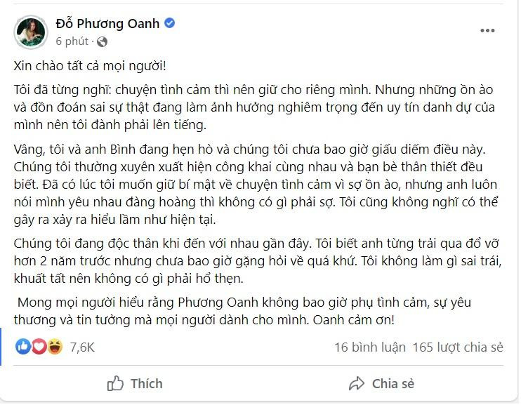 Nguyên văn bài đăng của Phương Oanh. Ảnh: FBNV