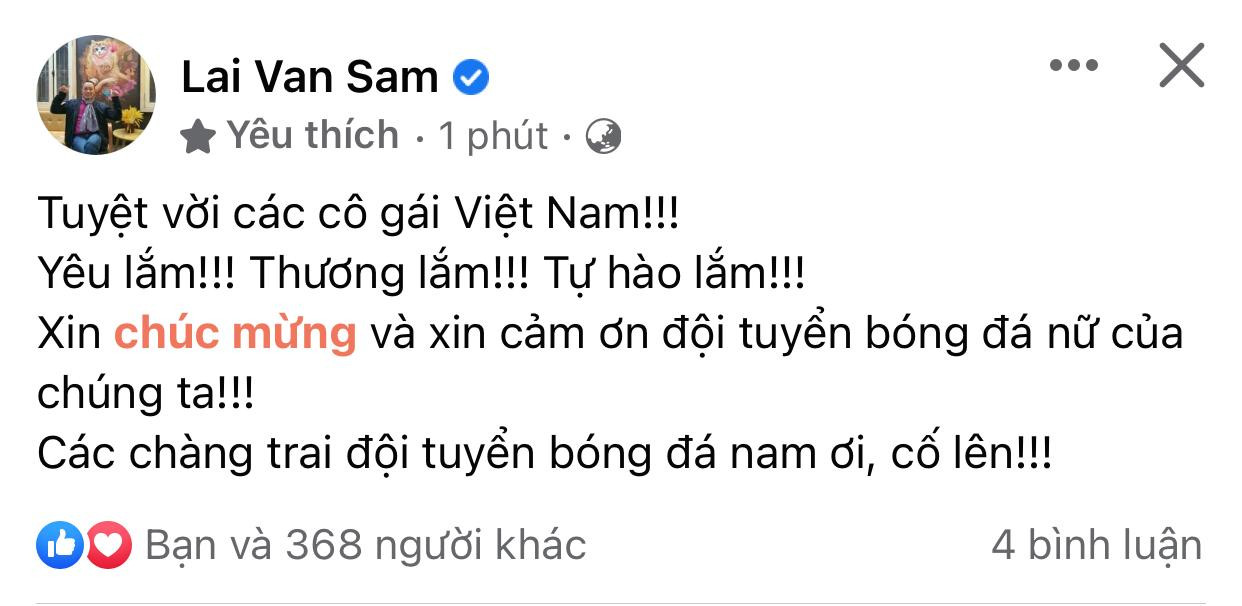 Nhà báo Lại Văn Sâm gửi lời chúc mừng tới các cô gái vàng của bóng đá Việt Nam Nhà báo Lại Văn Sâm gửi lời chúc mừng tới các cô gái vàng của bóng đá Việt Nam