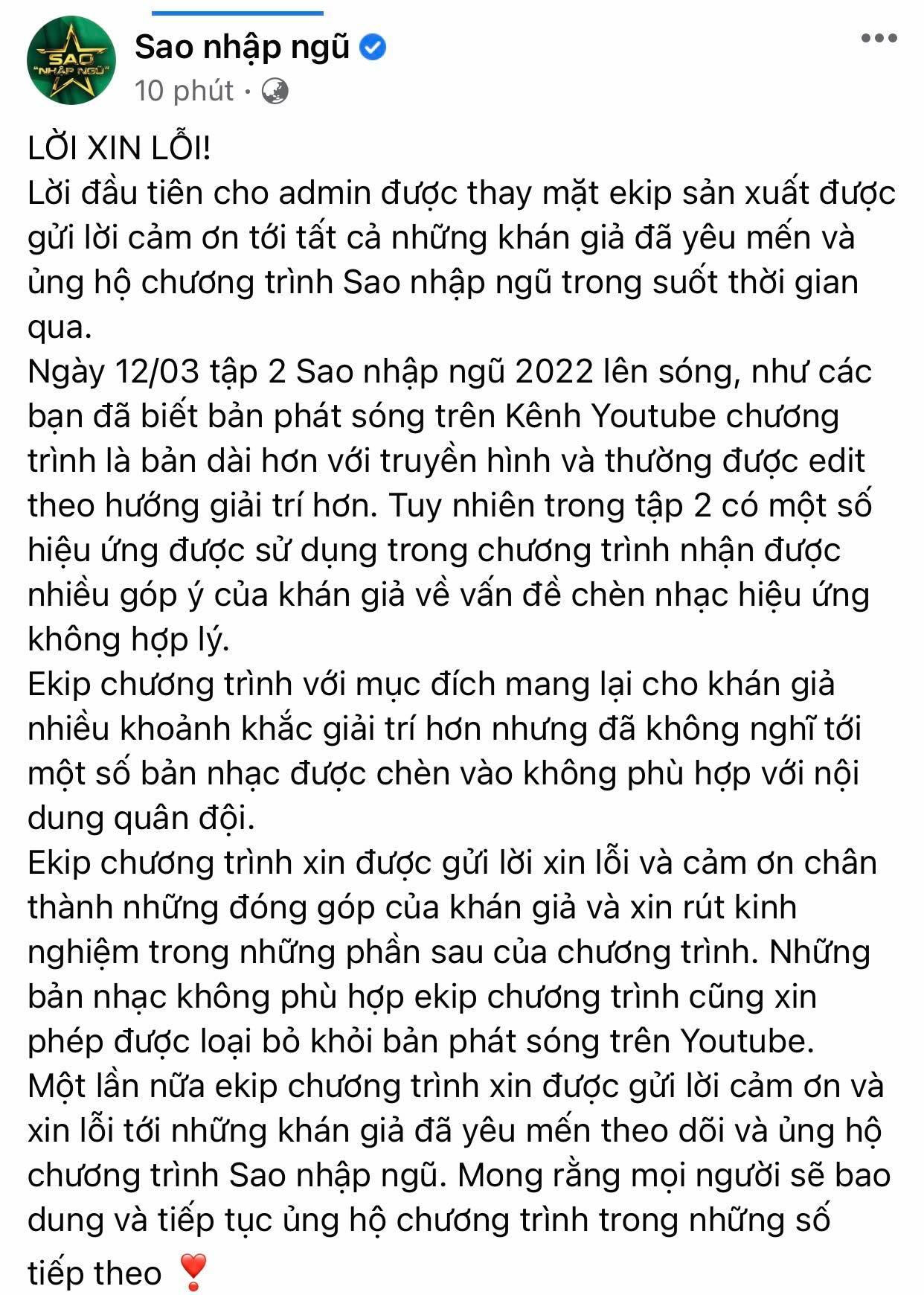Nguyên văn lời xin lỗi của ê-kíp Sao nhập ngũ Nguyên văn lời xin lỗi của ê-kíp Sao nhập ngũ