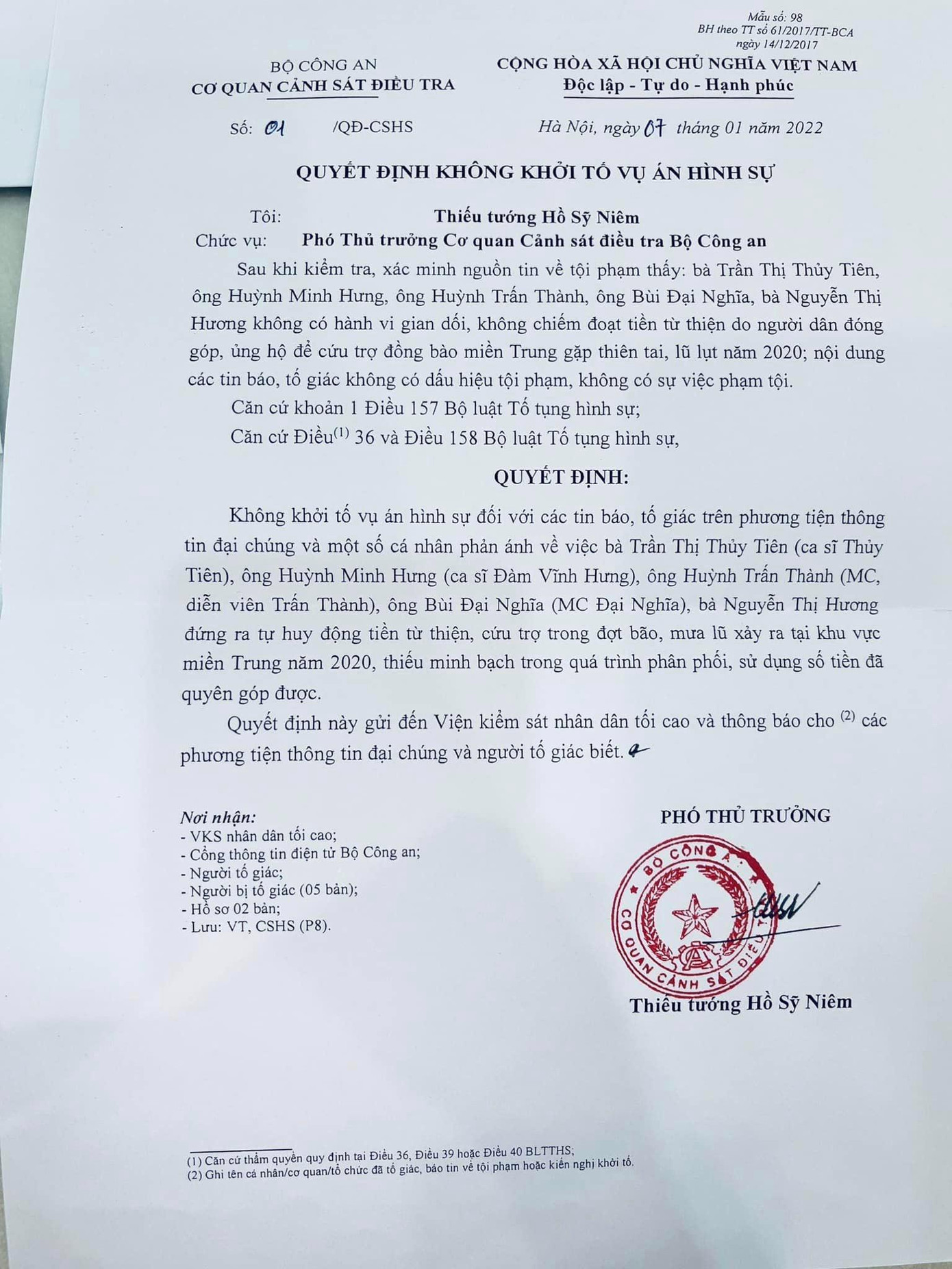 Thông báo vợ chồng Công Vinh - Thủy Tiên nhận được từ Cơ quan CSĐT Công an tỉnh Bình Dương. Ảnh: FBNV