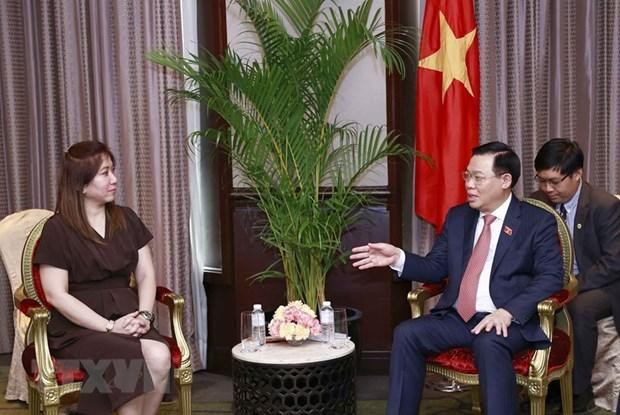 Chủ tịch Quốc hội Vương Đình Huệ tiếp Chủ tịch kiêm Giám đốc điều hành Tổng Công ty Thương mại Quốc tế Philippines Emmie Perez-Chiong. (Ảnh: Doãn Tấn/TTXVN)