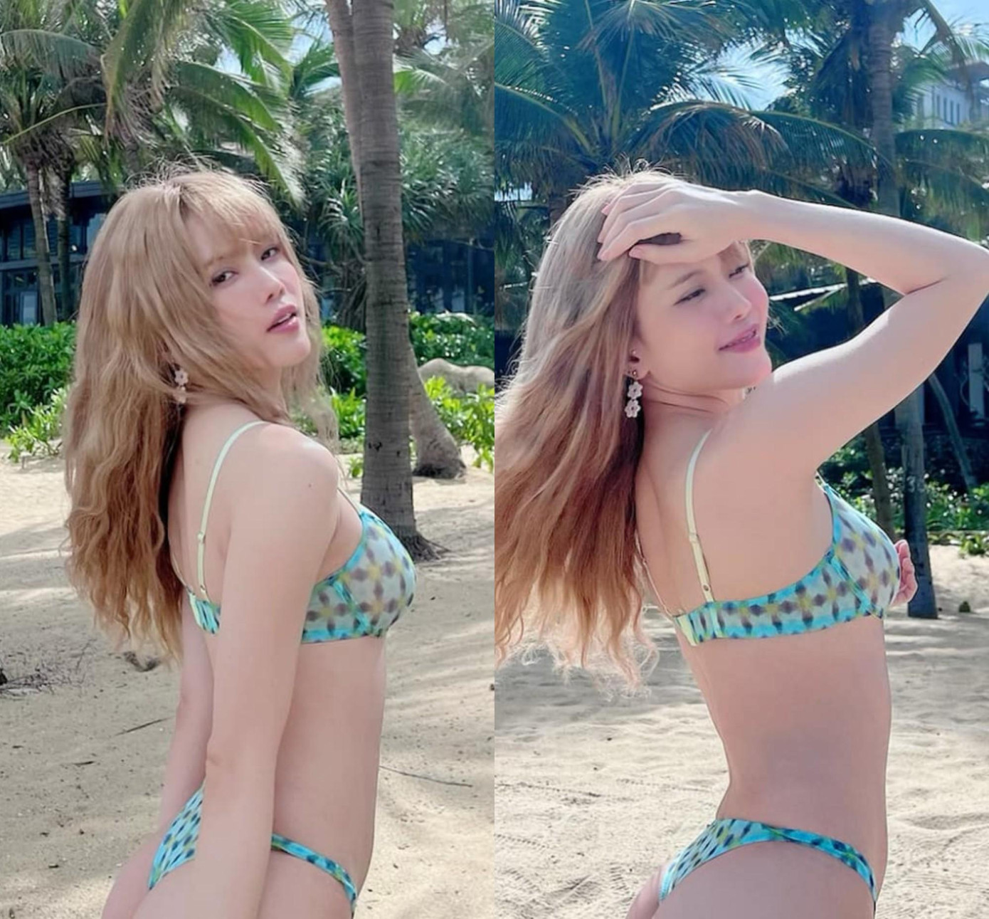 Mỹ nhân 28 tuổi diện bikini hai mảnh màu xanh tạo dáng trên bãi biển. Cô chia sẻ: &quot;Mùa hè của tôi ở đây rồi&quot;.