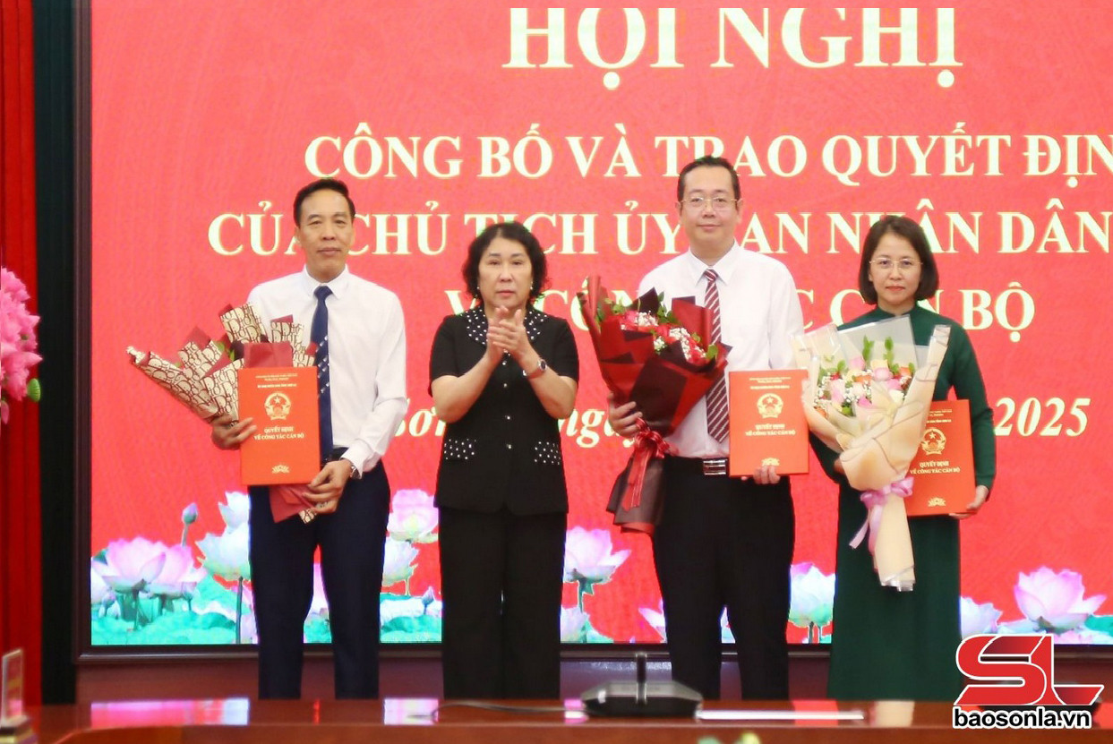 Lãnh đạo UBND tỉnh Sơn La trao quyết định cho các cán bộ được điều động, bổ nhiệm. Ảnh: Báo Sơn La.