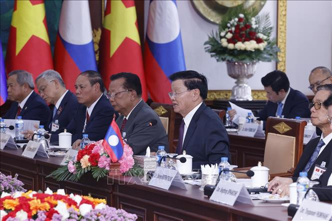 Tổng Bí thư, Chủ tịch nước Lào Thongloun Sisoulith phát biểu. Ảnh: Lâm Khánh/TTXVN