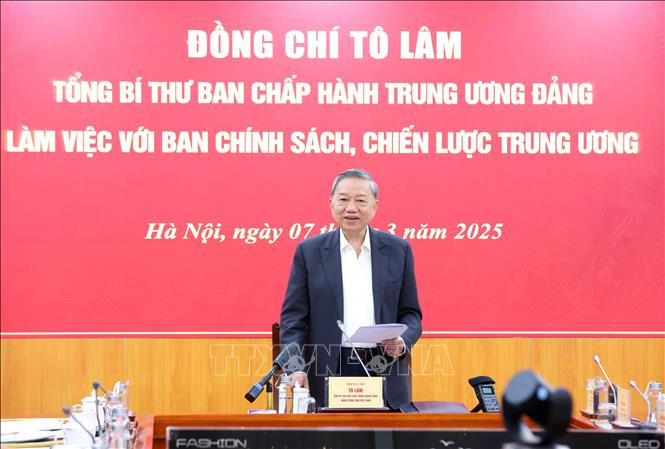 Chiều 7/3/2025, Tổng Bí thư Tô Lâm làm việc với Ban Chính sách, chiến lược Trung ương về một số giải pháp chiến lược nhằm tạo đột phá phát triển kinh tế tư nhân ở Việt Nam thời gian tới. Ảnh: Phương Hoa/TTXVN
