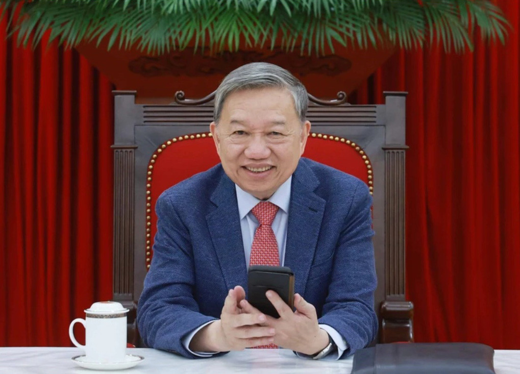 Tổng Bí thư Tô Lâm trong cuộc điện đàm với Tổng thống Mỹ Donald Trump ngày 4/4. (Ảnh: TTXVN)