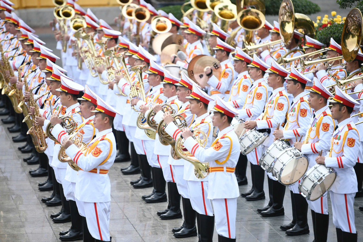 Đội quân nhạc cử hành quốc thiều hai nước. Ảnh: Như Ý Đội quân nhạc cử hành quốc thiều hai nước. Ảnh: Như Ý