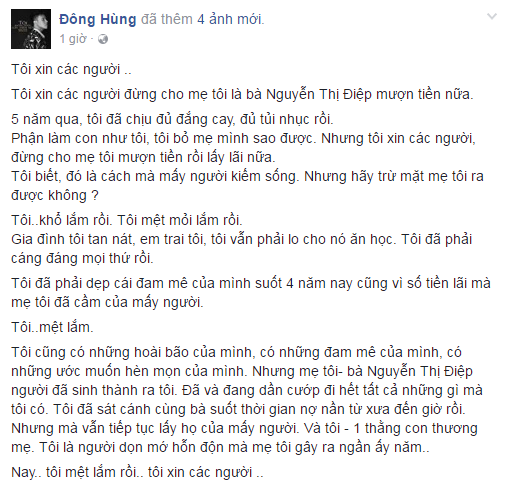 Ca sĩ Đông Hùng tố mẹ ruột nợ tiền tỉ, bị truy sát gây sốc ảnh 1