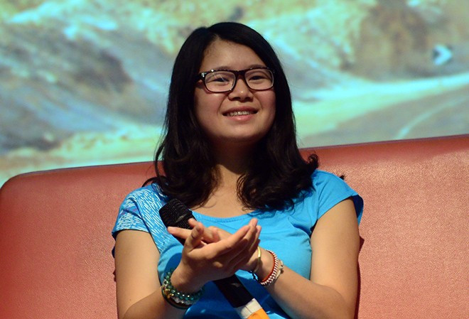 Huyền Chip tại buổi họp báo sáng nay. Huyền Chip tại buổi họp báo sáng nay